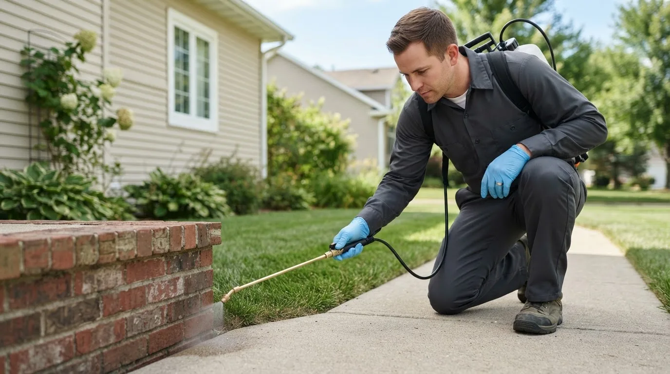 Pest control technician treating a home near Langley, AR