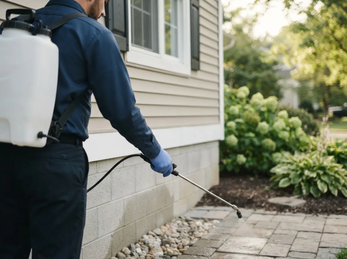 Pest control technician inspecting a home in Langley, AR